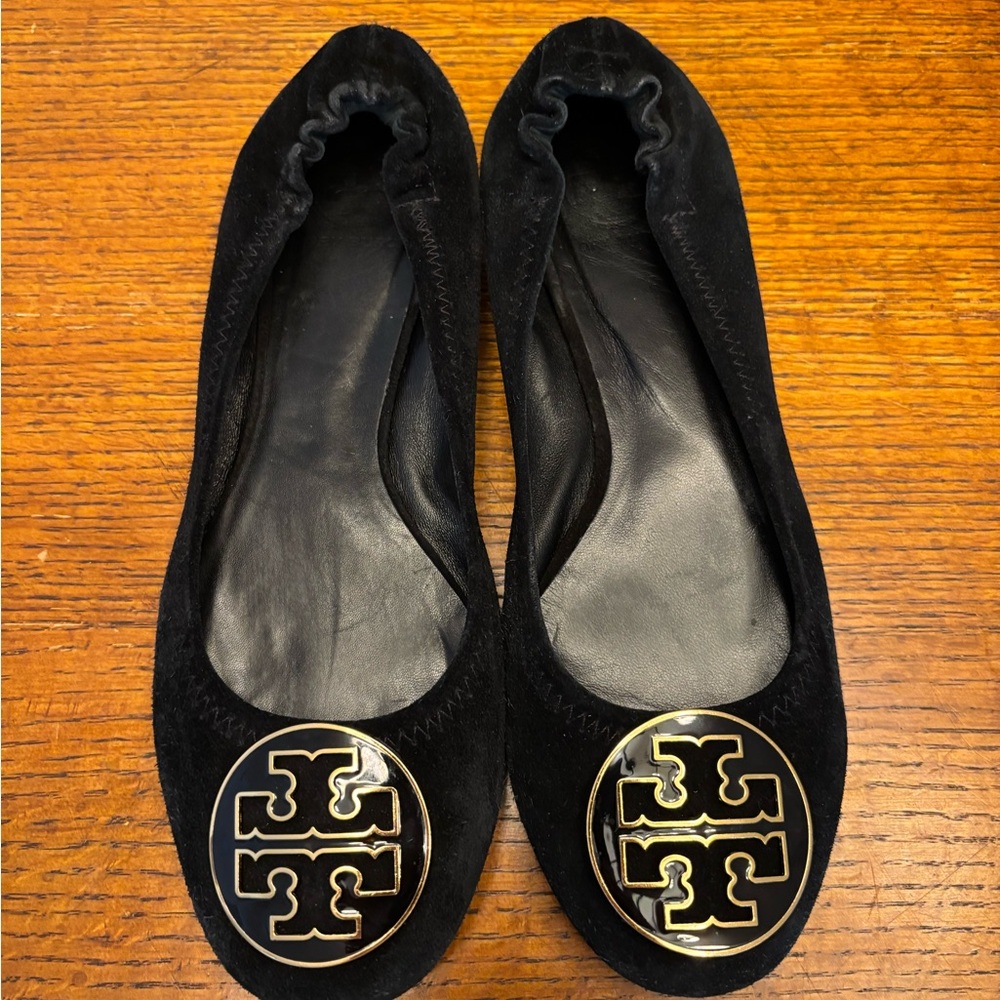 Tory Burch Black Suede Flats with Gold Logo 9.5
